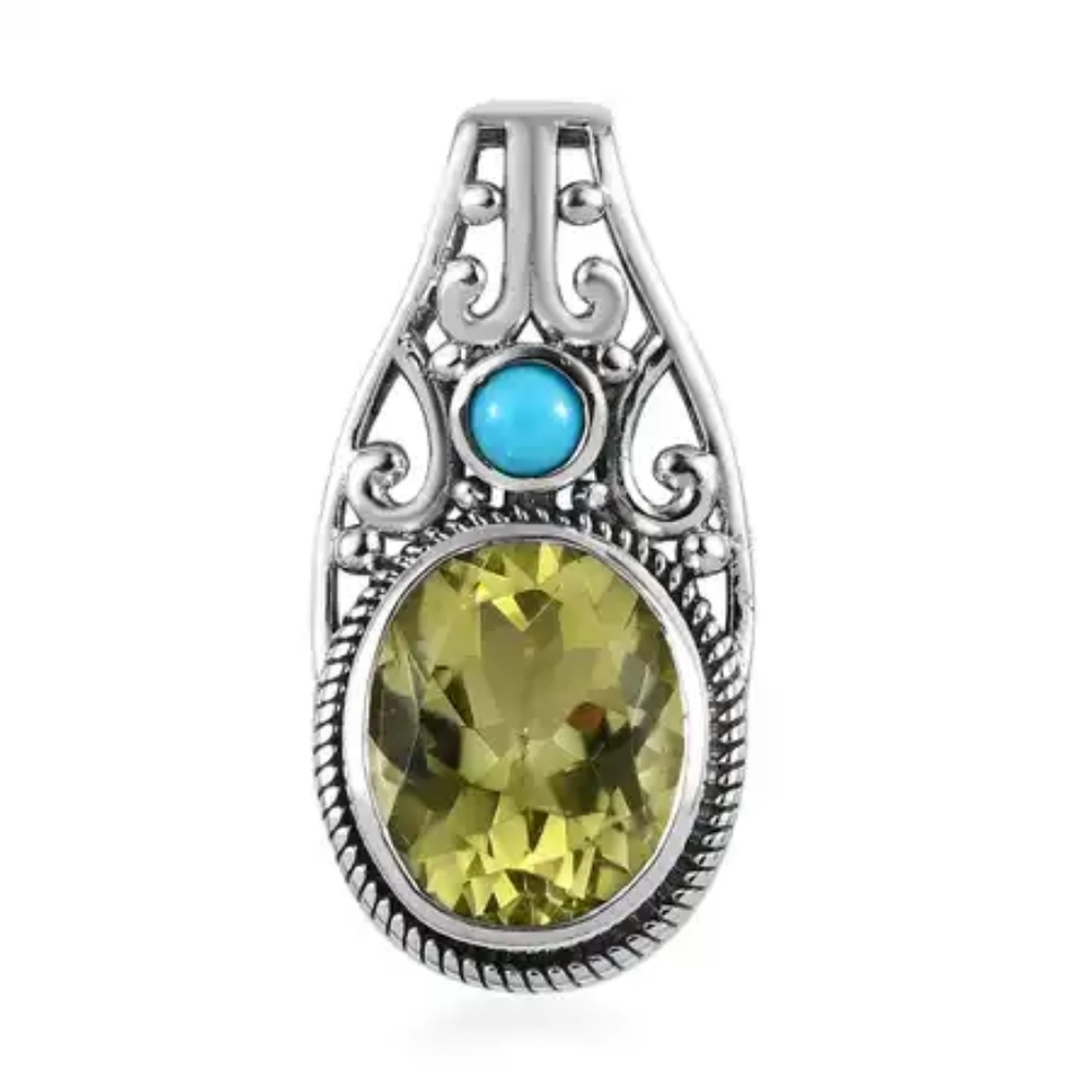 Ouro Verde Quartz with Sleeping Beauty Turquoise Pendant in Sterling Silver